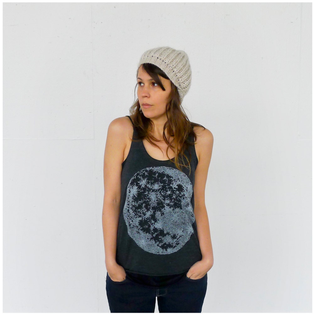 Moon tank top - womens tank / tank top women - full moon print on heather black - womens top - summer fashion - moon shirt by Blackbird Tees