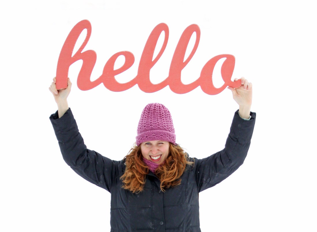 SALE: XL hello script handmade wood sign - wall decoration for vintage or modern decor