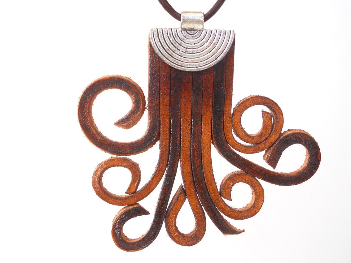 Leather Fringe Octopus Necklace, Black and Brown