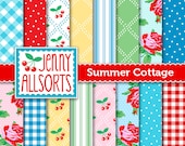 Summer Cottage Digital Paper Pack in primary colors - Instant Download