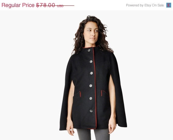 SALE - Vintage Black and Red Wool Cape