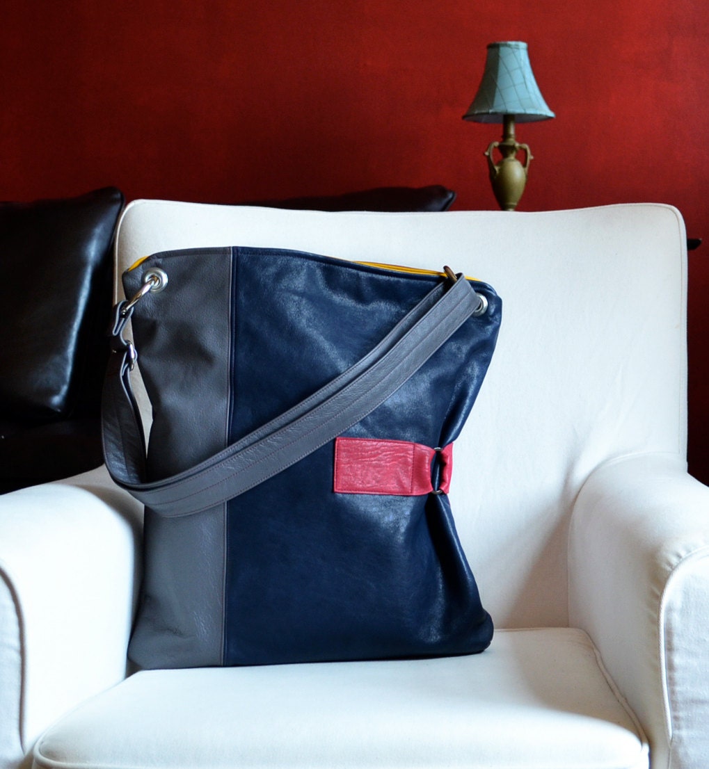 Large Leather Bag - The Luella in Navy Blue and Grey