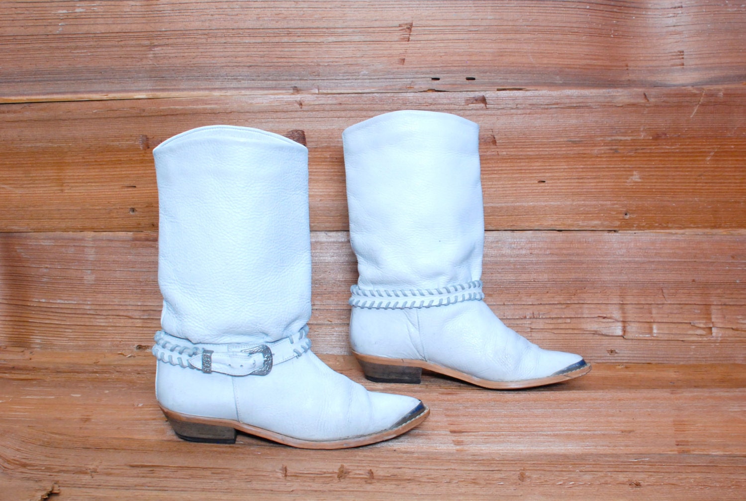 size 9 SOUTHWEST white leather 80s BIKER SLOUCHY midcalf boots