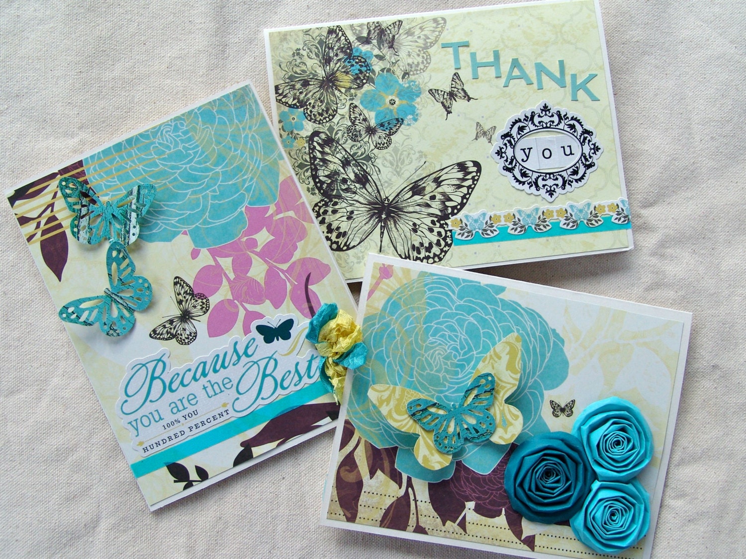 Butterfly Happy Set of 6 greeting cards  handmade flowers card gift set