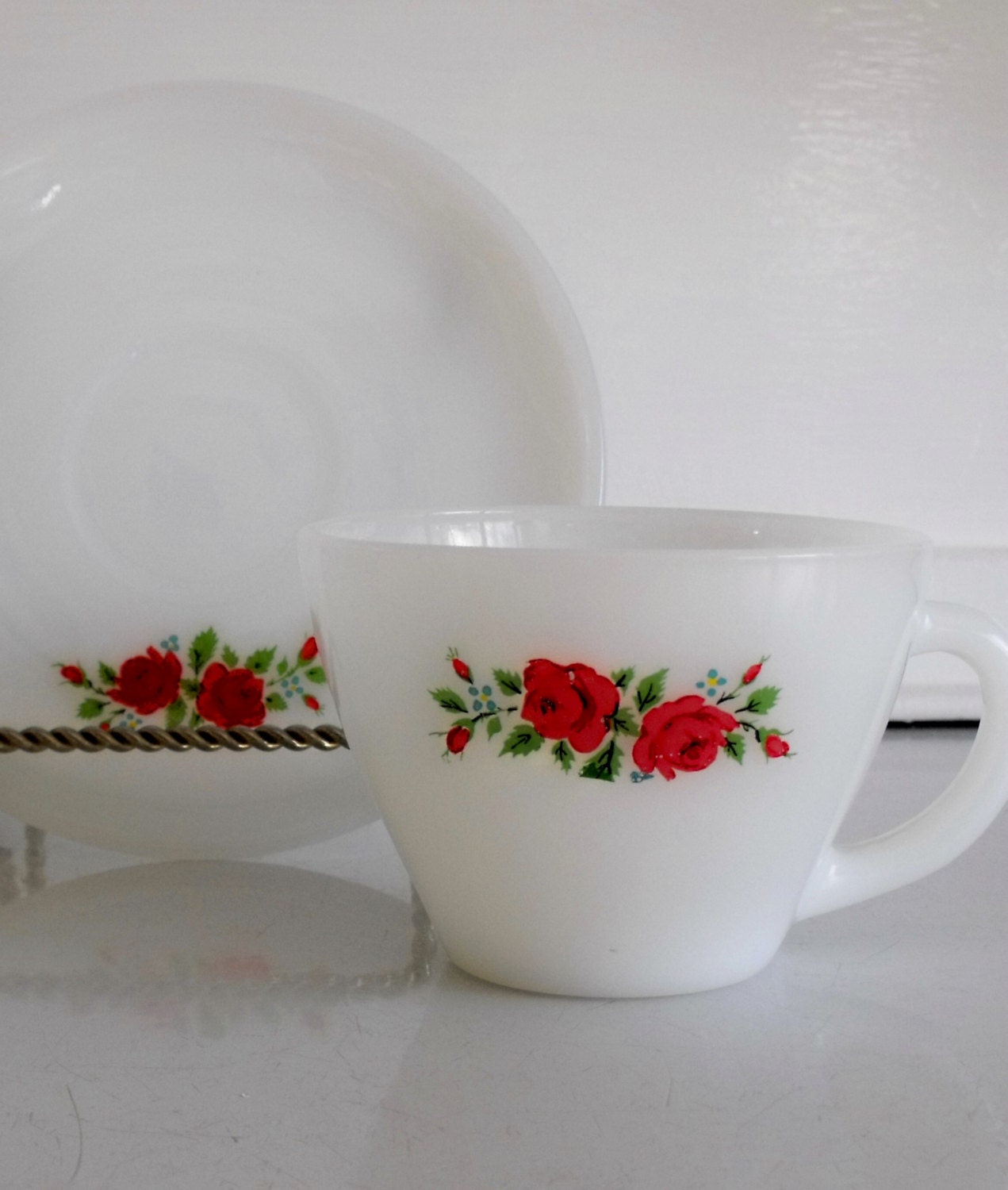Fire King floral cup and saucer, beautiful rose design