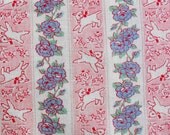 Large piece of vintage feedsack, pink stripes with lambs and roses,