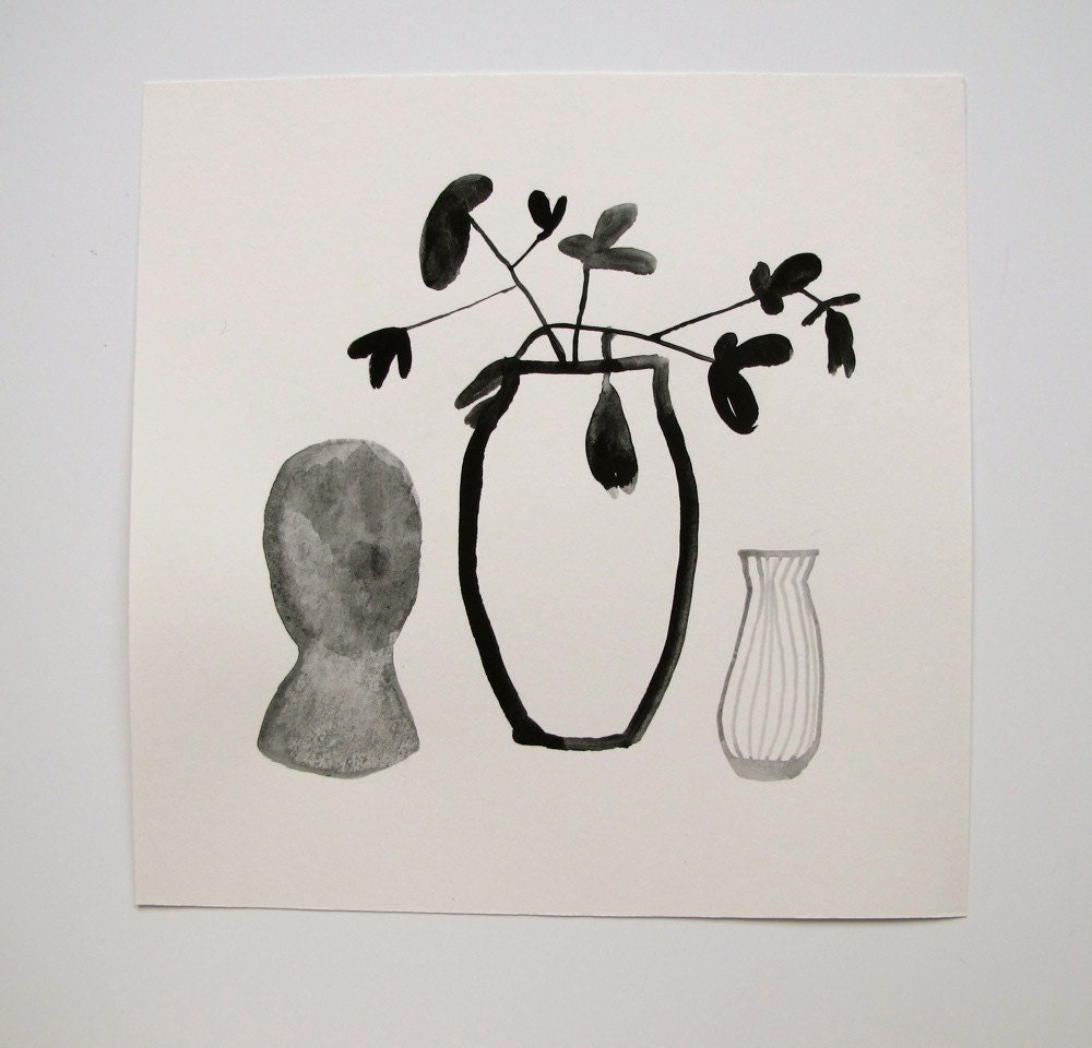 still life with plant - an original gouache sketch painting
