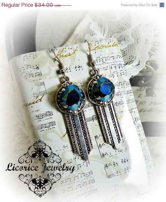 33% OFF  Sale Great Gatsby inspired Art Deco Blue Grey Mirrored Crystal Dangle Earrings flapper classy shine shimmer  ornate neo victorian
