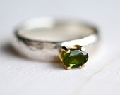 Green Tourmaline Ring Pebbled Sterling Silver 14kt Gold