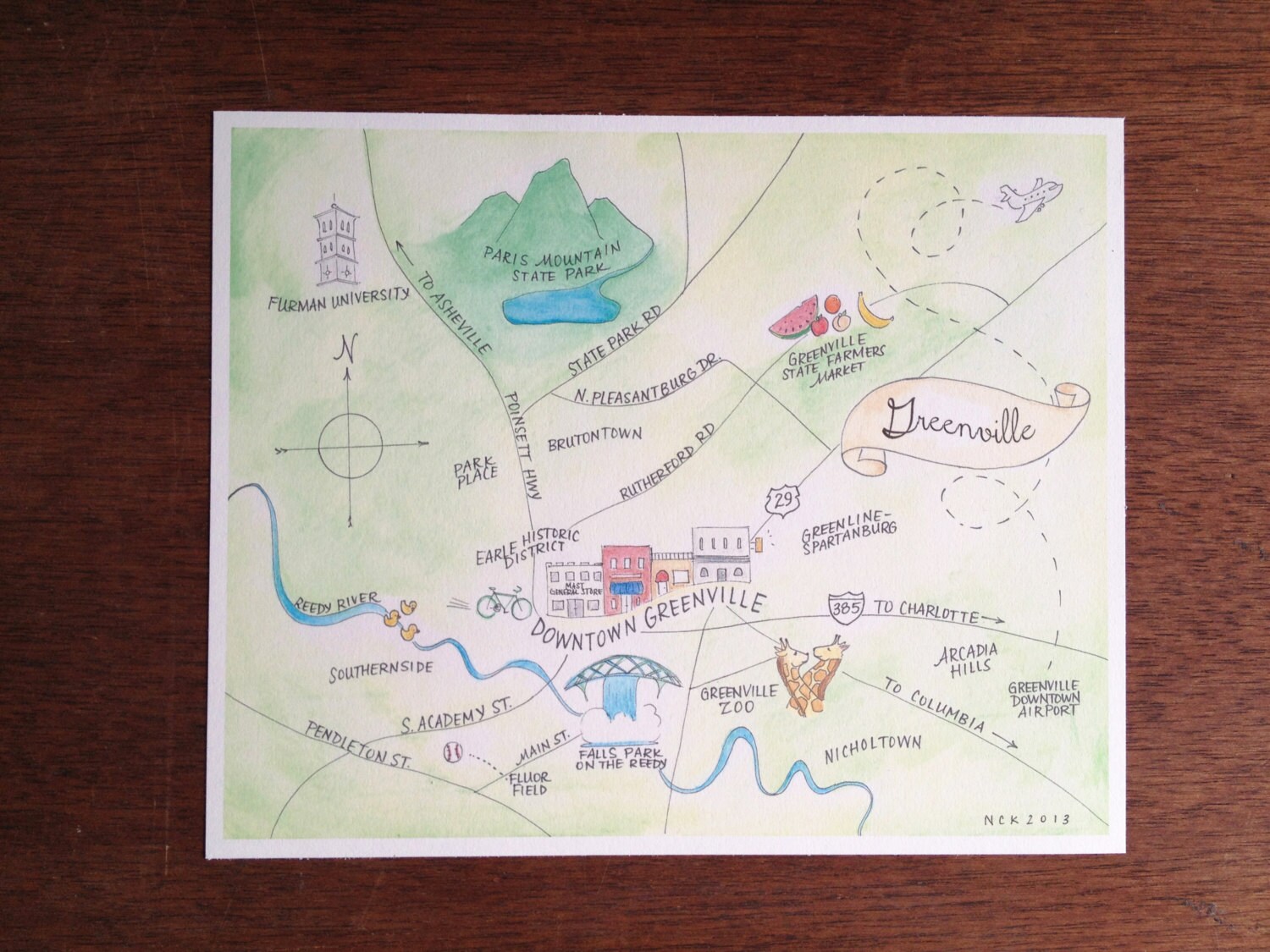 8x10 Print of Hand-painted Greenville, South Carolina map -- watercolor print