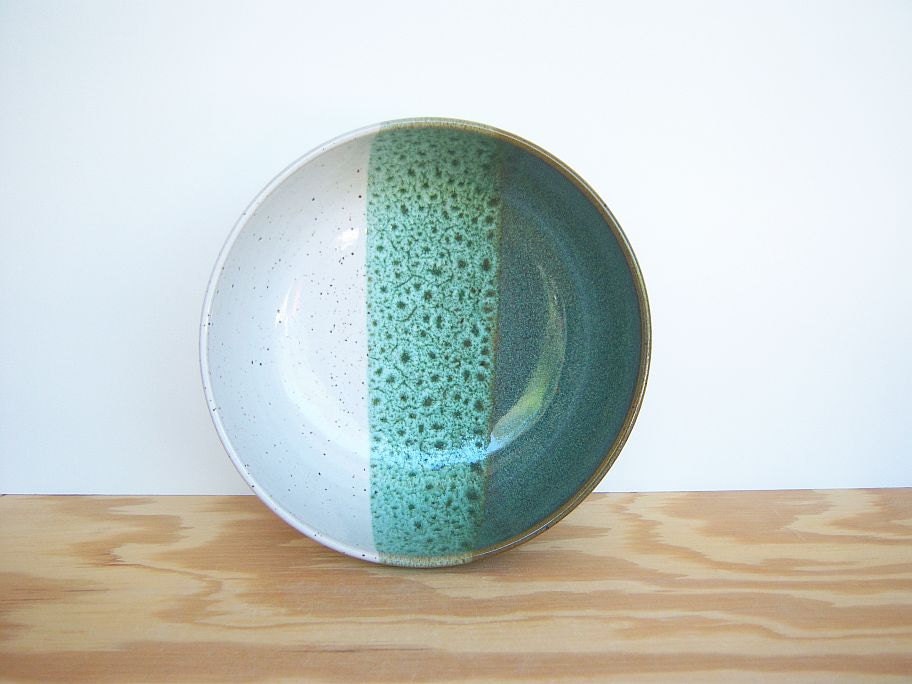 Sea Mist and White Stoneware Pottery Serving Bowl