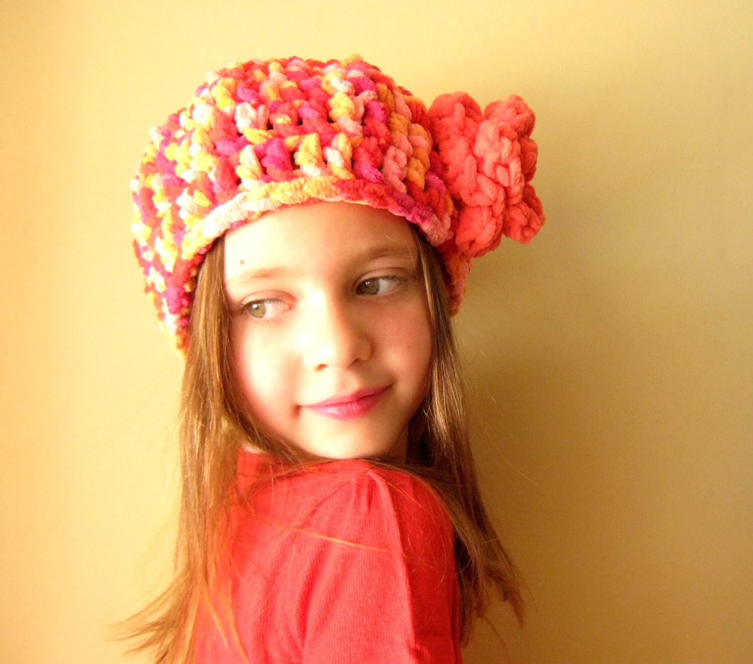 6-8 years -  Crochet Hat with Flower - Soft Fleece yarn in Pink , Orange and Yellow