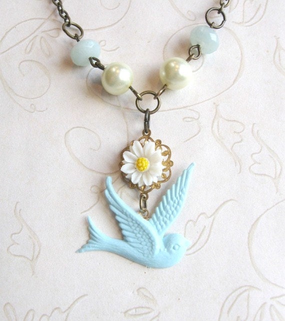 Reserved for Susie F. - Blue Bird Necklace - white daisy - amazonite - shabby chic