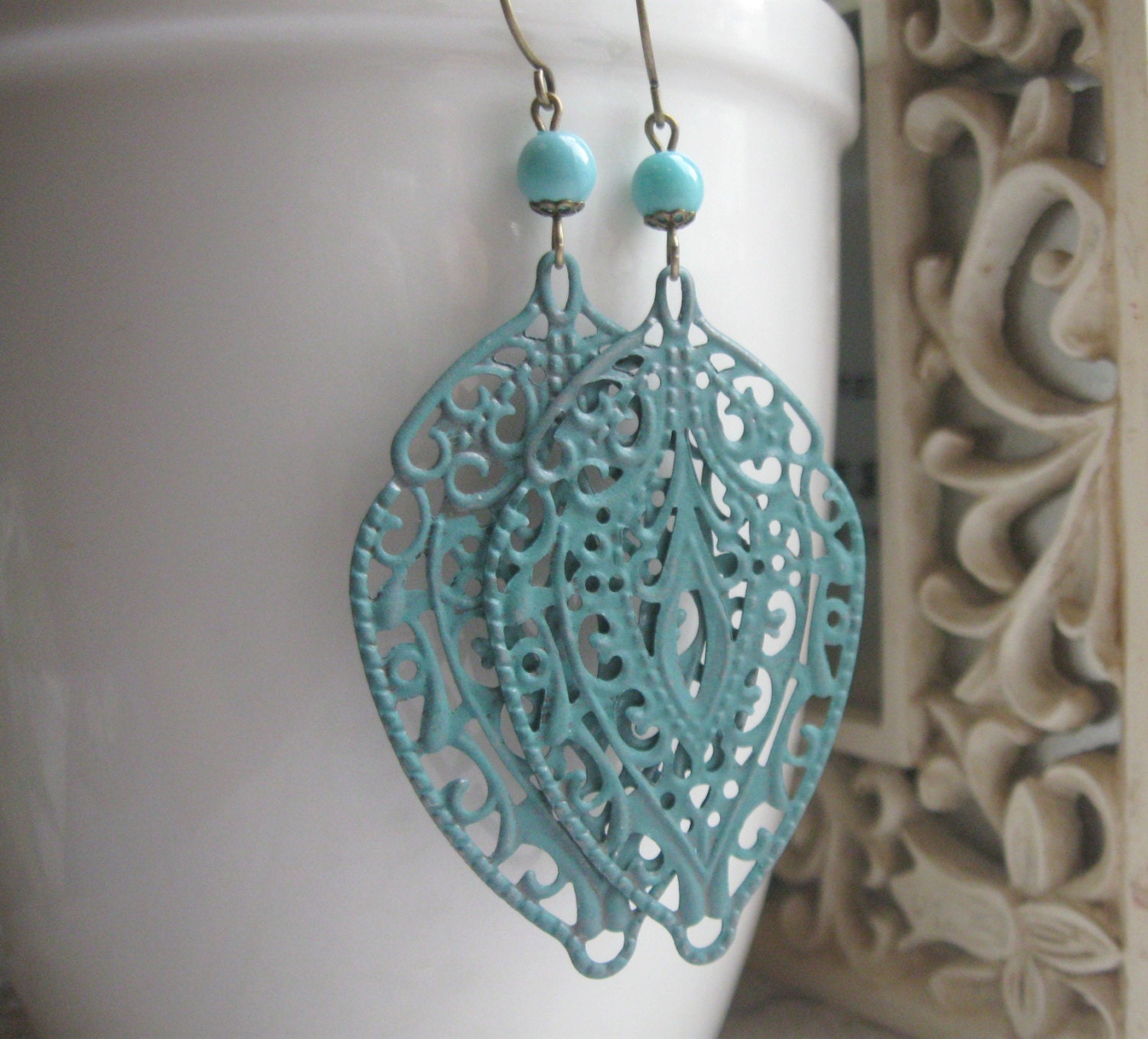 Large leaf earrings, teal blue filigree leaves, turquoise blue beads - long dangles