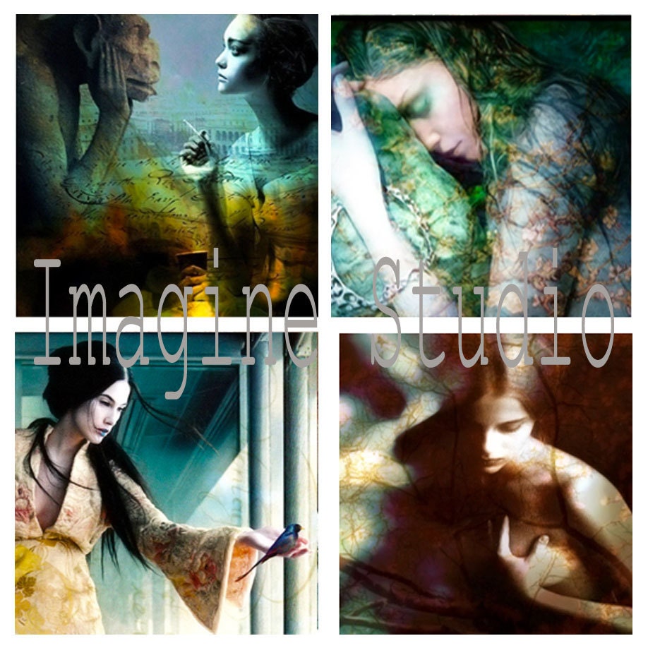 Portraits, Fine Art Photography, Set of 4 Woman Portraits, Surreal Photography, Photomontage, Collage, Ethereal, Home Deco, Wall Art