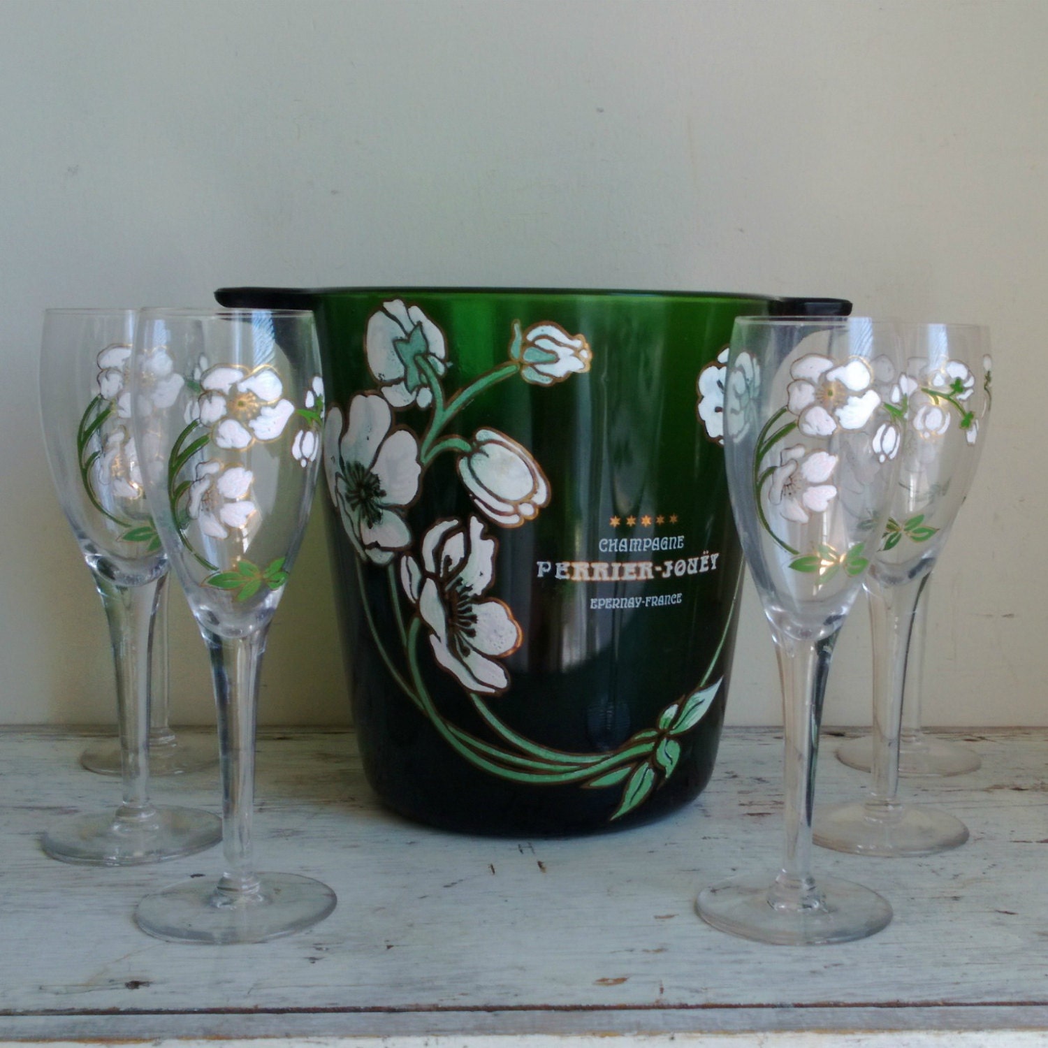 vintage Perrier Jouet champagne bucket and six glasses