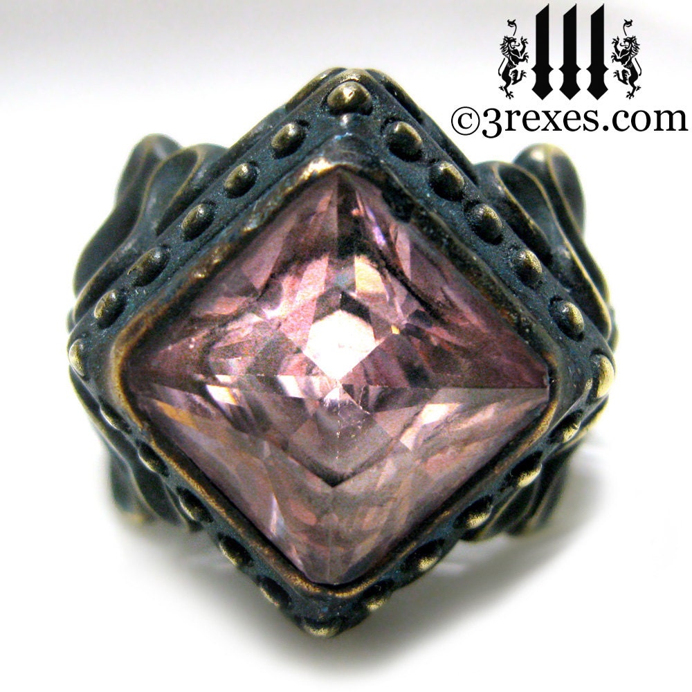 Distressed Raven Love Ring Gothic Victorian Cocktail Band Pink CZ Dark Brass Size 5.5