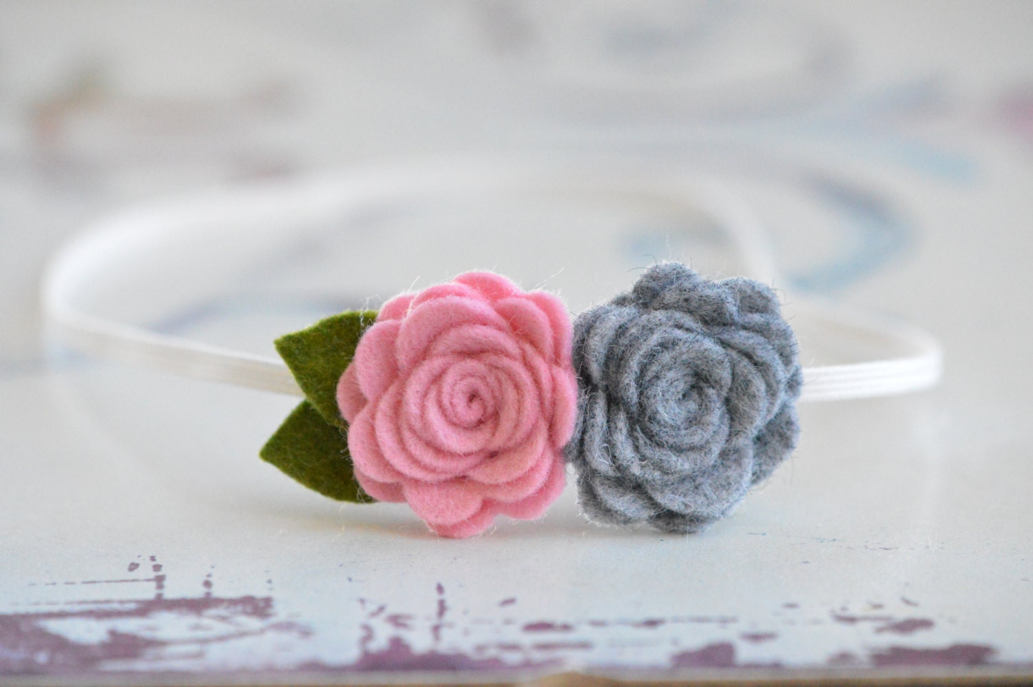Pink and Grey Baby Headband - Wool Felt Flower Headband Bouquet - Rose Duo - For Newborn, Child or Adults