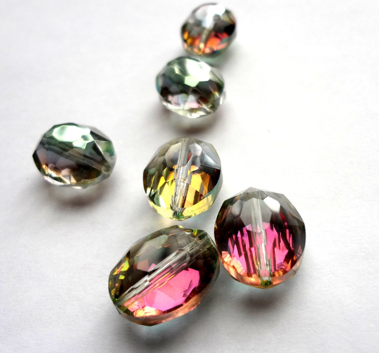 12 x 16mm Faceted Pink and Green Rainbow Quartz Puffy Oval Melon Semi Precious Gemstone Beads 6 pcs