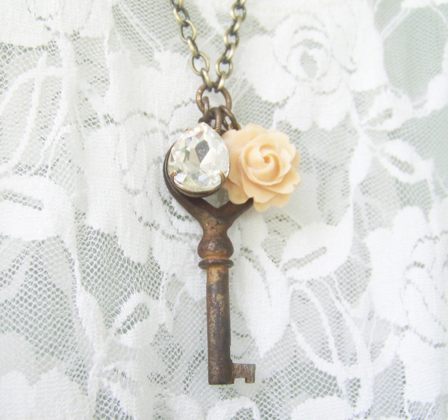 Vintage Key Necklace, rose cabochon, glass jewel