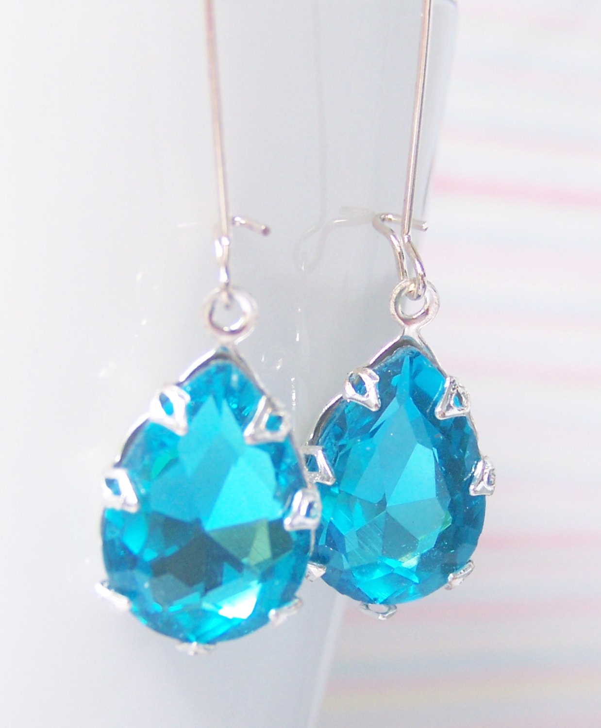Blue Glass Jewel Earrings set in silver plate, something blue, bridesmaid gift, summer earrings