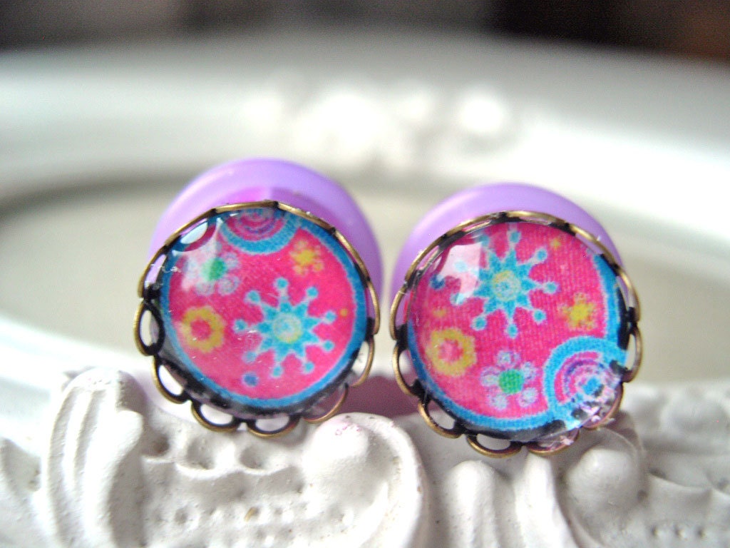 Pretty cabochon plugs gauges  12mm 1/2"  multicolor pink blue