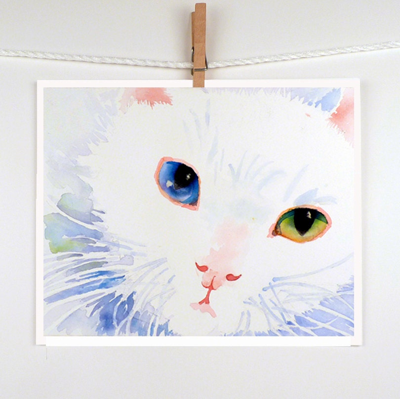 White Cat Original Watercolor Painting - Mothers Day - Blue Eye Green Eye Cat Painting, Pet Art - Kids Women - Baby Nursery - 7.5 x 9.5