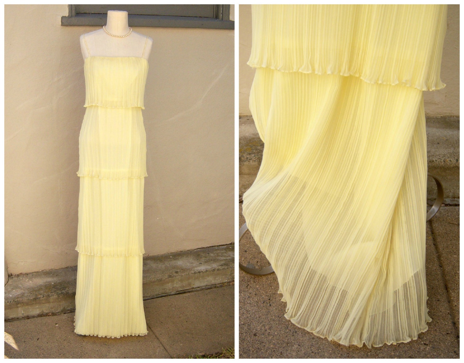 Vintage 1970s prom dress / Marita by Anthony Muto / buttery yellow layered fortuny pleats / NBW