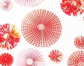 paper flowers, folded fan flowers, rosettes, scrapbook embellishment, package decoration, photo shoot prop, wall decor