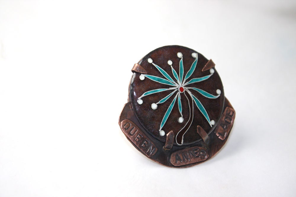 Queen Annes Lace Cloisonne Copper Brooch Brown Green Silver