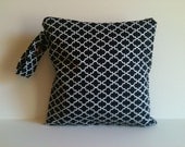 Wet Bag-Large Waterproof Wet Bag- 12.5 x 12.5- Snap Handle and Zipper- Black and White Lattice