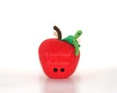 Small Stuffed Red Apple with Green Happy Worm - READY TO SHIP