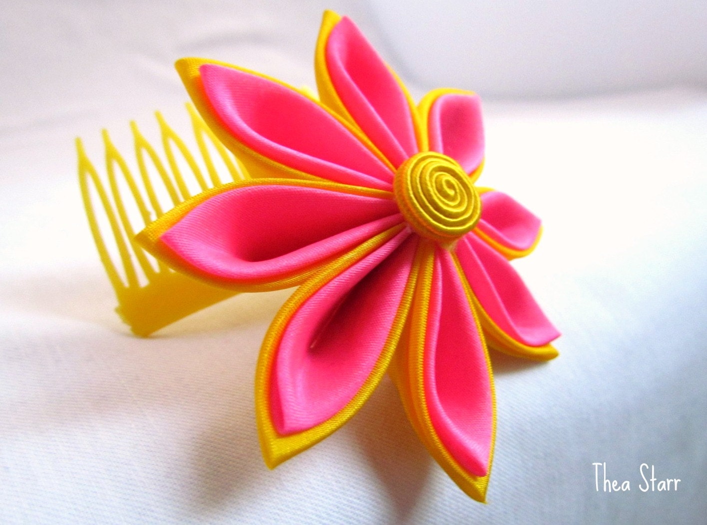 Tsumami Kanzashi Hair Comb  -  Happy Yellow & Pink