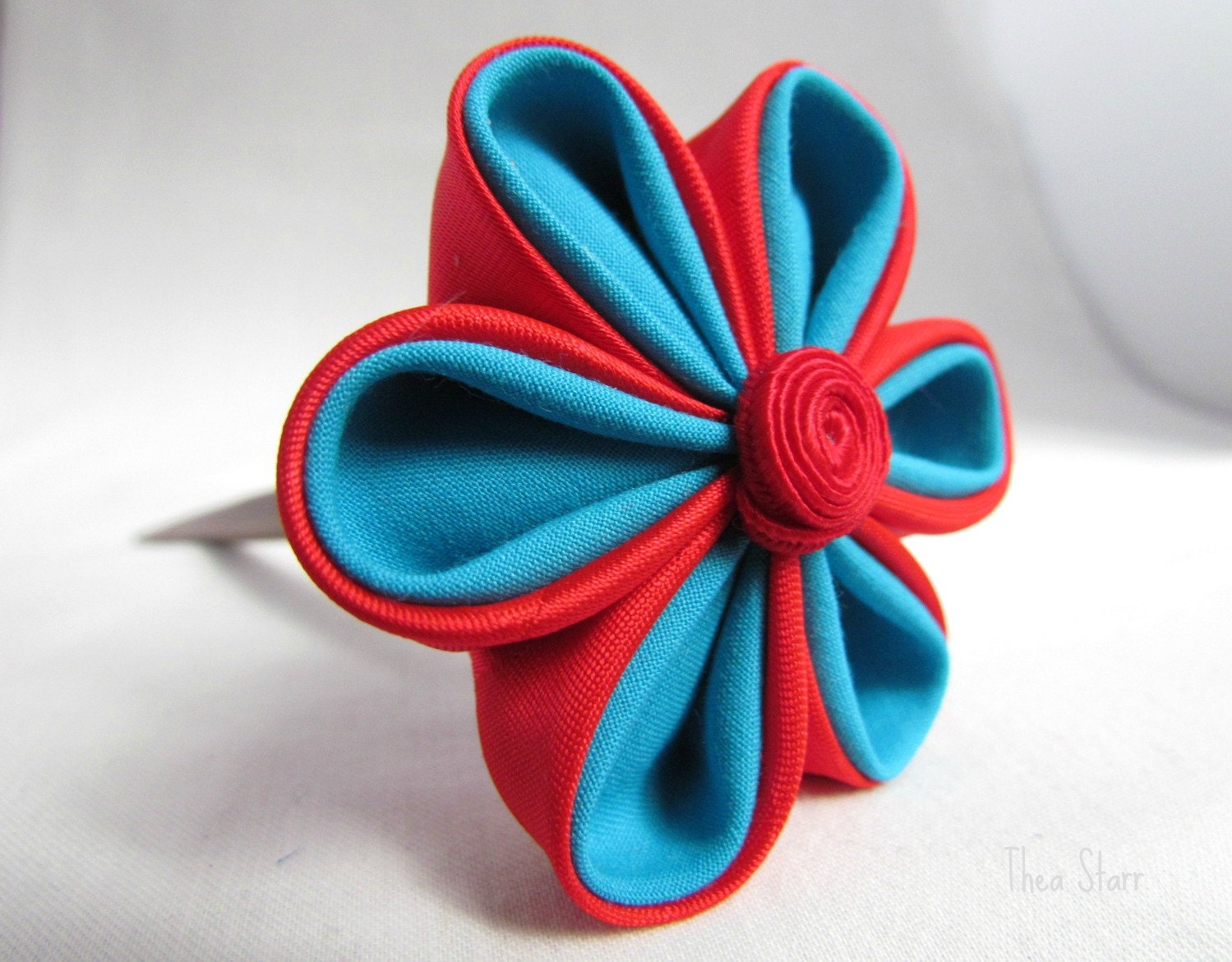 Red and Turquoise Kanzashi Fabric Flower Hair Stick
