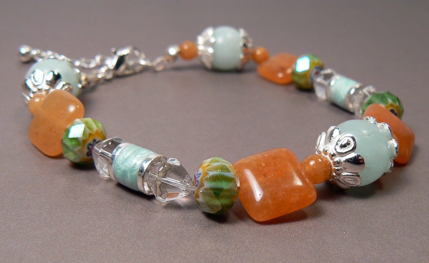 Semi Precious Orange Aventurine Stone Bracelet, Venetian Millefiori Crystal Bracelet, Amazonite Stone Bracelet
