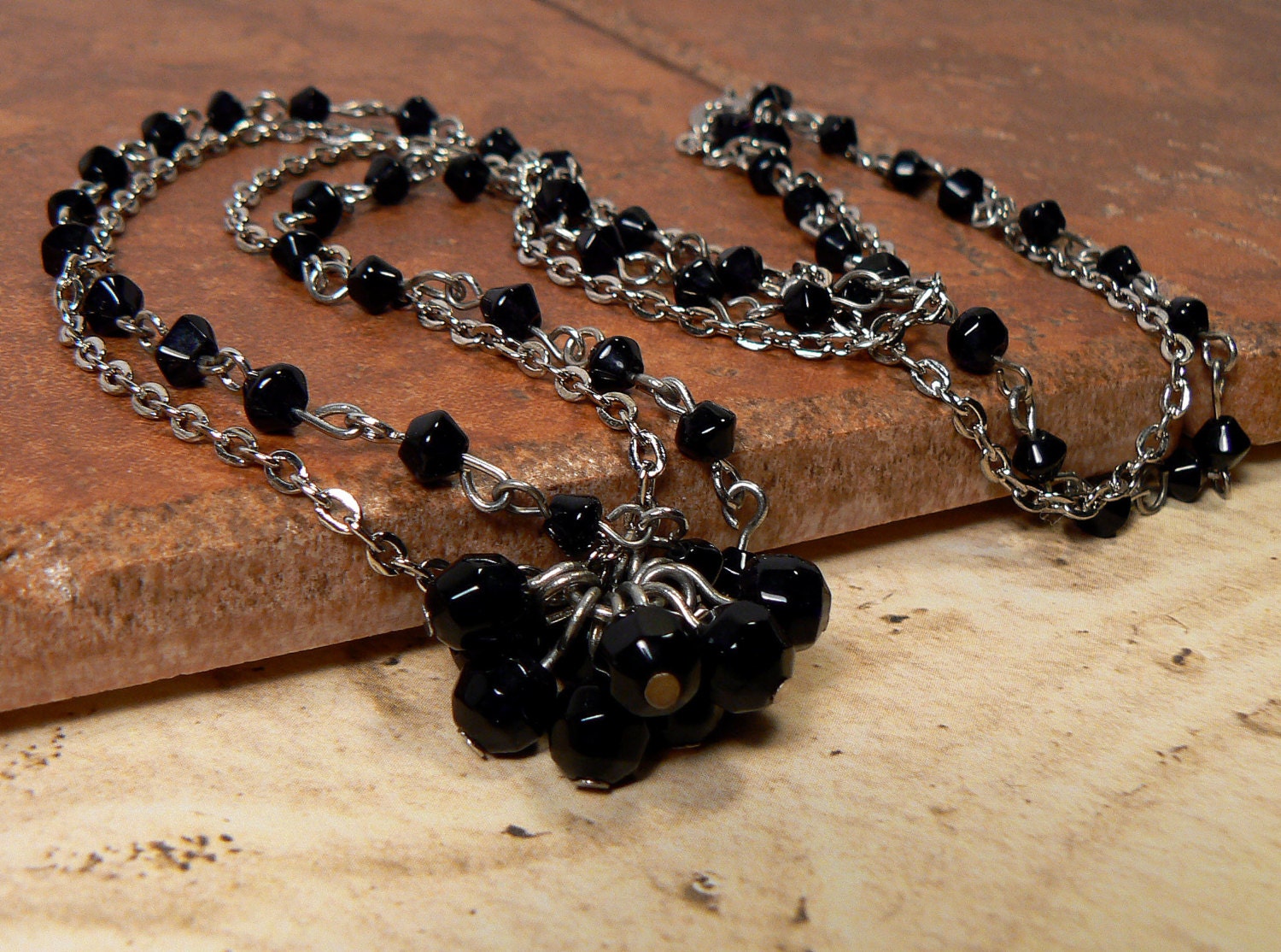 Black Layering Necklace, Pewter Silver Chain, Black Crystal Bead Necklace, Jet Crystal Cluster Pendant, Multi Strand Necklace