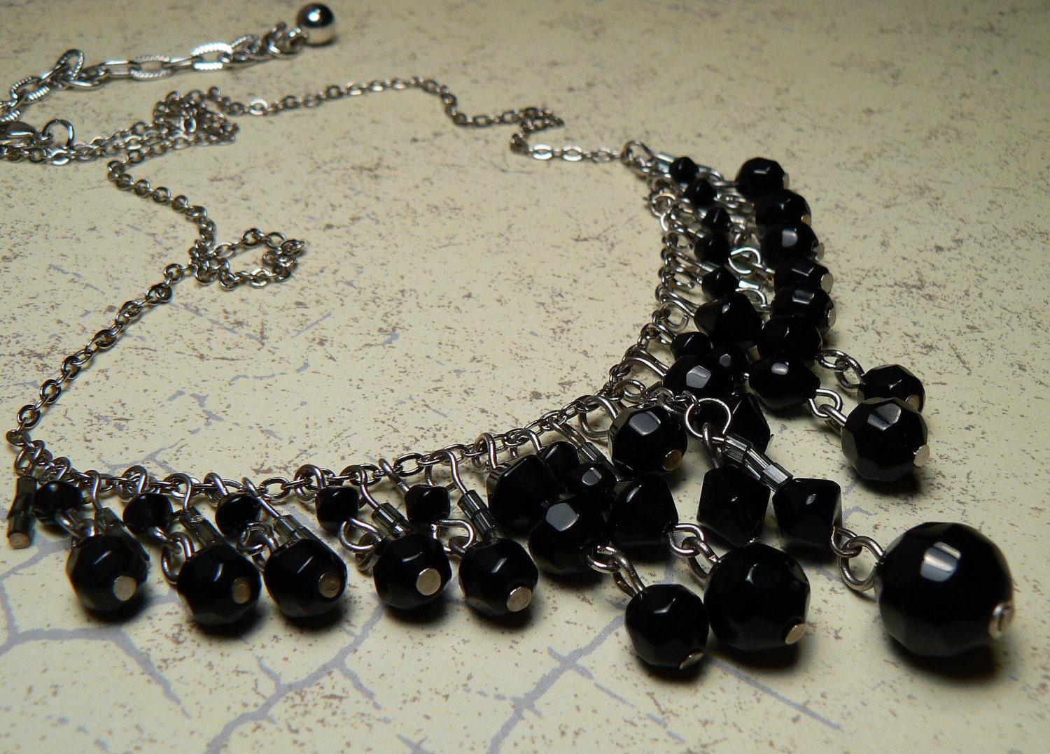 Black Necklace, Jet Bib Necklace, Pewter Silver Necklace, Black Bead Dangle Necklace, Versatile Everyday Necklace