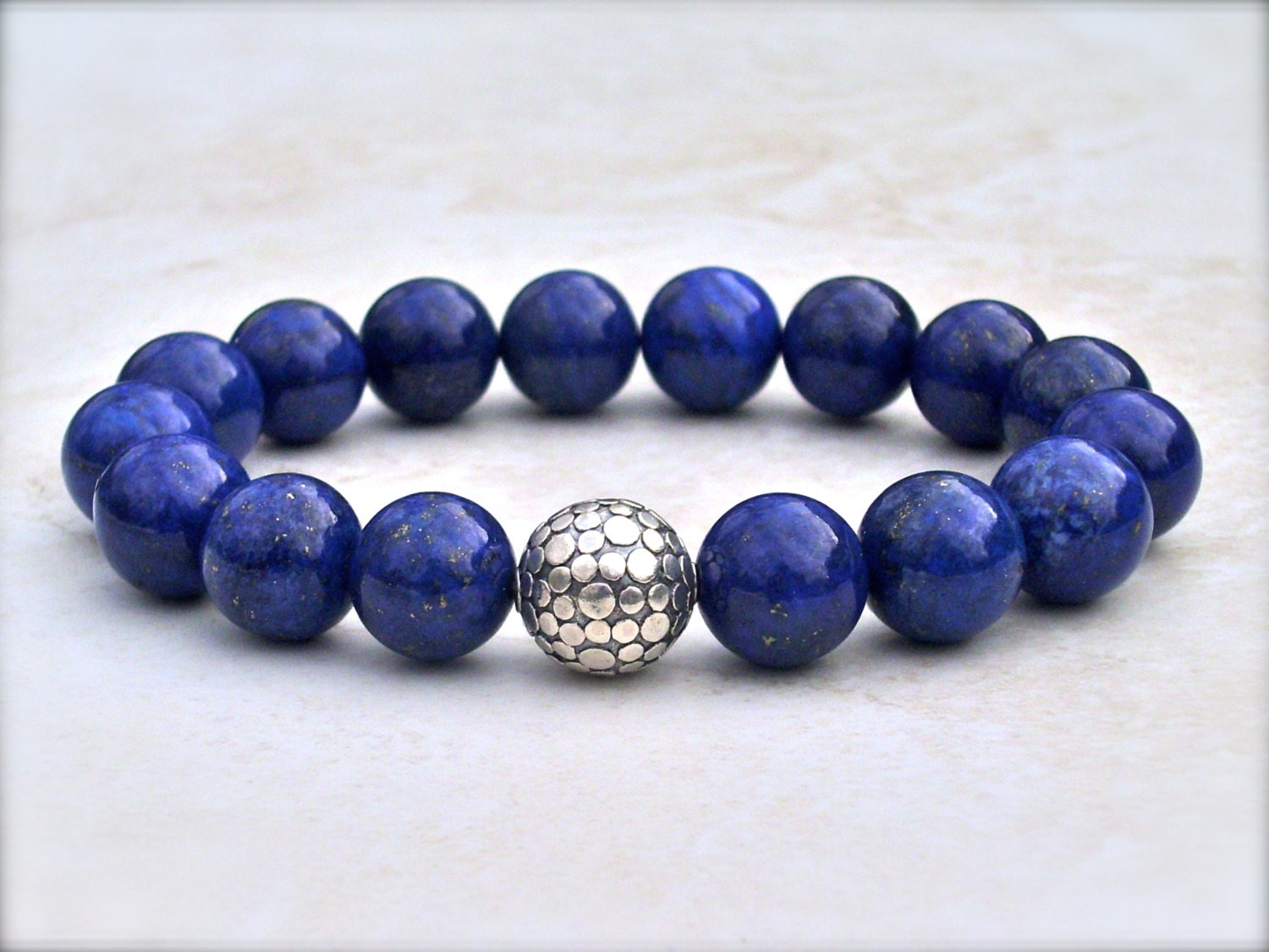 lapis lazuli bracelet with sterling silver, dark blue, unique artisan jewelry, stretch stack yoga style