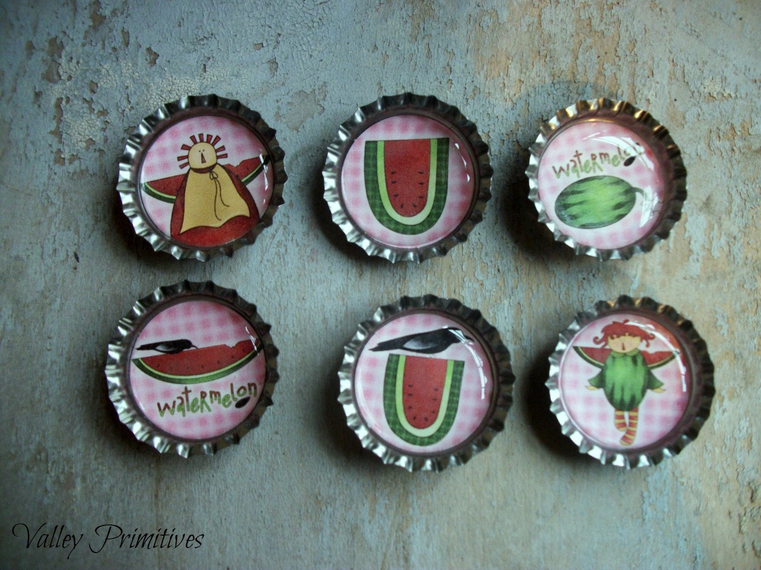 Bottle Cap Magnets - Watermelon, Spring, Summer, Set of 6