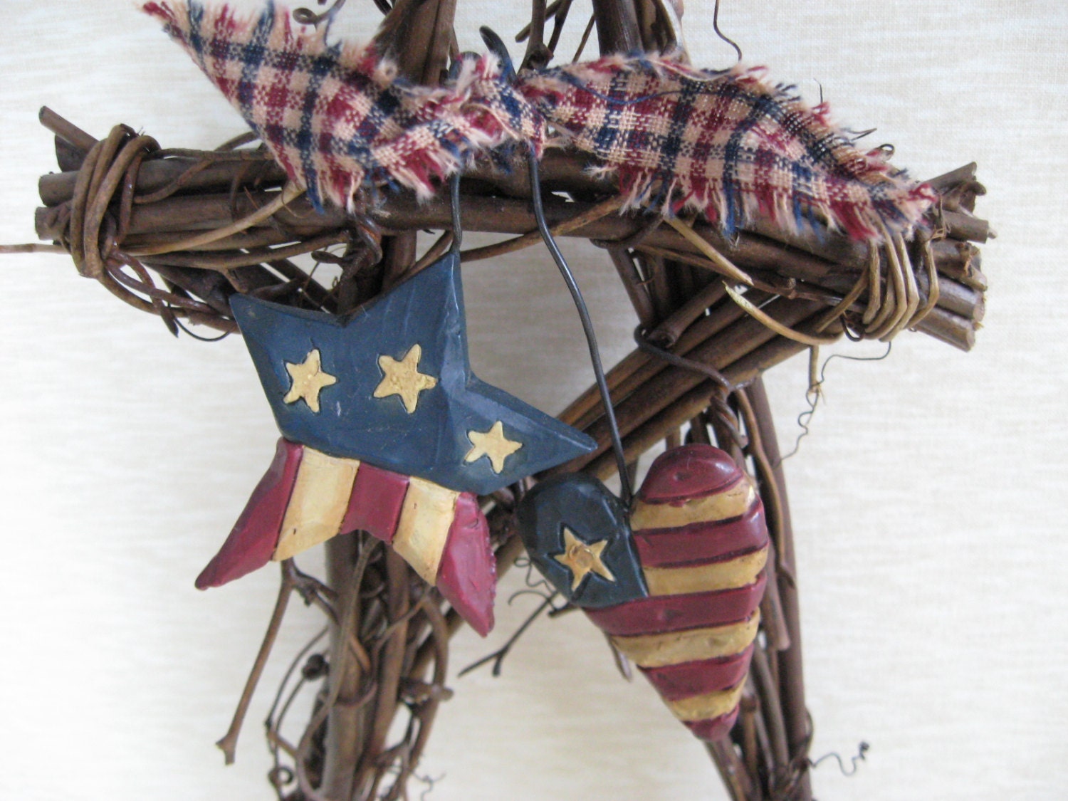 Primitive Patriotic Twig Star, Small vine star with striped star, flag heart ornies, USA peg hanger, Memorial Day Red White Blue Wreath