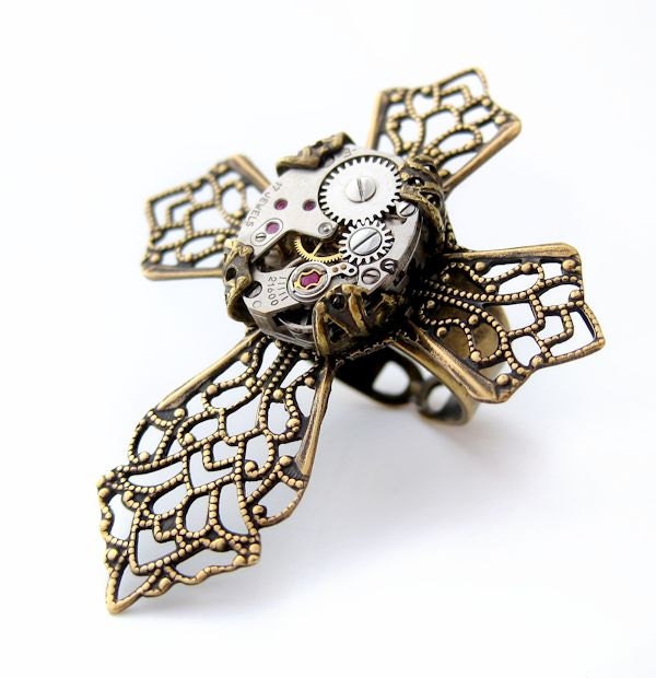Steampunk ring, Steapunk cross ring, adjustable ring with filigree cross, brass ring, cocktail ring, religious jewelry, watch jewelry