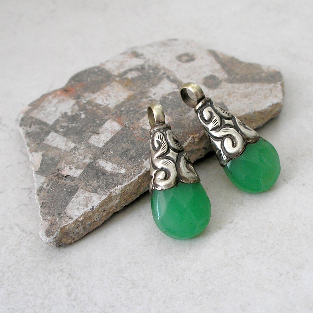 Green Aventurine, Silver Tibetan Pendants- Pair Tibetan Healing Pendants