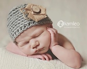 Wool Texture Beanie, Newborn, Detachable Burlap Flower