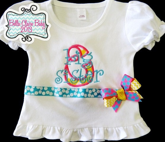 Chevron Big Sister Shirt for girls Initial Number Applique Custom design- hot pink turquoise yellow sparkle Polka Dot Bows