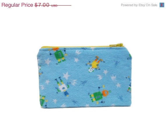 MEMORIAL DAY SALE Geek Gifts / Geeky Roboto Bag / Small Zippered Pouch in Retro Robots on Blue