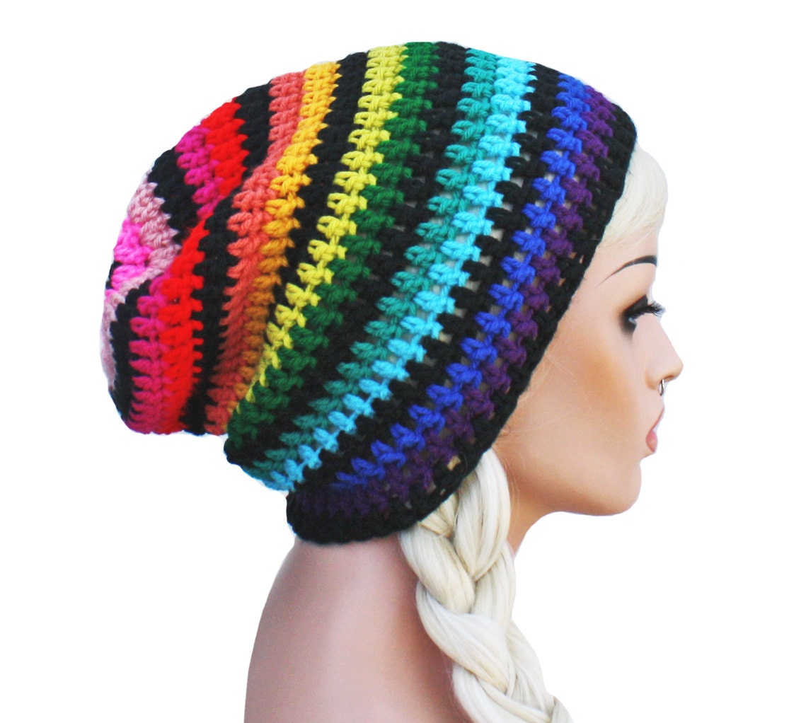 Rainbow with Bkack Beanie - Crochet Slouch- Ultimate Slacker Striped Beanie Hat- Pride