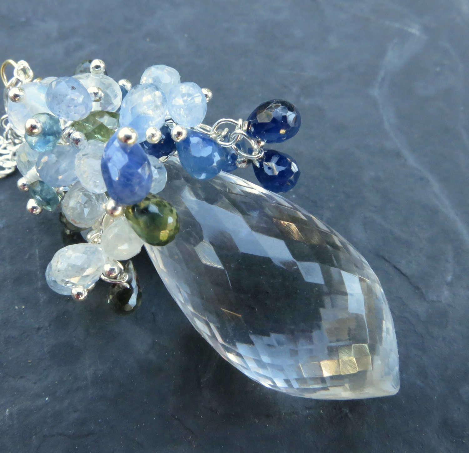 Crystal quartz, sapphire necklace in sterling silver blue green ocean bubbles mermaid fashion long length gemstone jewelry --Bubbly--