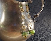 Fluorite, lampwork bead, moonstone earrings 14k gold fill long peridot beaded dangle flapper style roaring '20s  green croquet party -Swak-