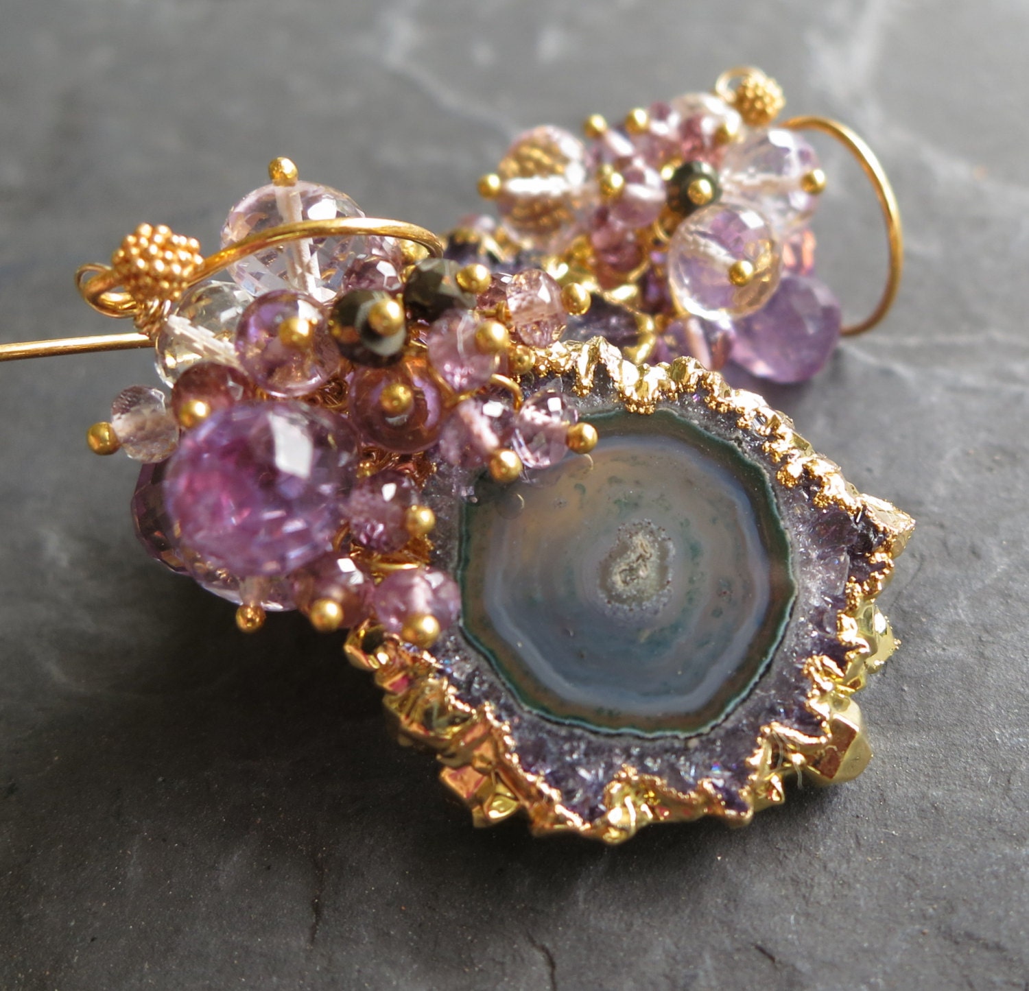 Amethyst stalactite earrings gemstone jewelry cluster dangle drop statement natural curiosity geode slice mermaid bride gold --La Sirena--