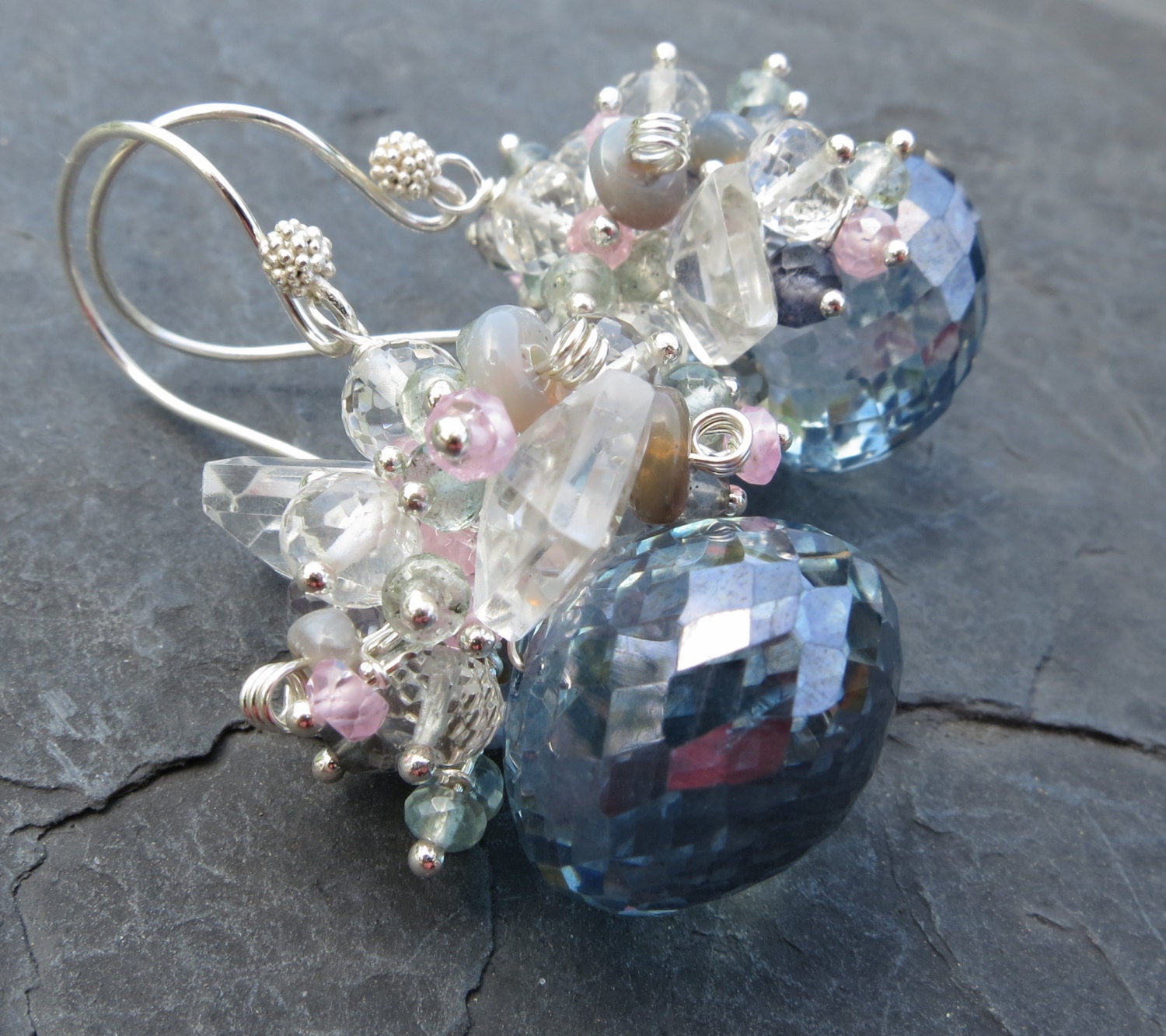 Blue mystic quartz, amethyst earrings sterling silver aquamarine opal undersea watercolors gemstone jewelry mermaid bride cluster dangle